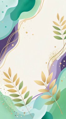 Akan organik çiçekli ve botanik şekilli nane, deniz mavisi, kahverengi ve mor renklere sahip zarif soyut bir arka plan..