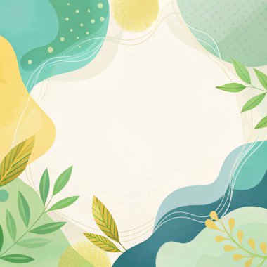 Zümrüt, kireç, mavi ve bej renklerinde, organik yaprak şekilli, minimal modern çiçekli, soyut bir çerçeve..