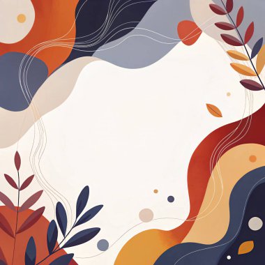 Donanma, kestane rengi, kırmızı, turuncu ve yumuşak akışkan organik botanik şekilleri ve modern tasarımı olan altın tonlarda dramatik soyut çerçeve..