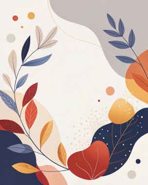 Donanma, kestane rengi, kırmızı, turuncu ve yumuşak akışkan organik botanik şekilleri ve modern tasarımı olan altın tonlarda dramatik soyut çerçeve..