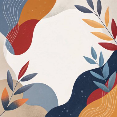 Donanma, kestane rengi, kırmızı, turuncu ve yumuşak akışkan organik botanik şekilleri ve modern tasarımı olan altın tonlarda dramatik soyut çerçeve..