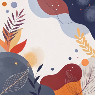 Donanma, kestane rengi, kırmızı, turuncu ve yumuşak akışkan organik botanik şekilleri ve modern tasarımı olan altın tonlarda dramatik soyut çerçeve..