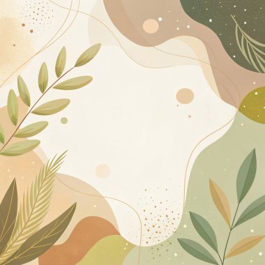 Akan organik yaprak ve botanik desenleri ile bej, kireç, adaçayı, ten rengi ve kahverengi renkte dünyevi minimalist çerçeve.