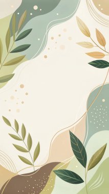 Akan organik yaprak ve botanik desenleri ile bej, kireç, adaçayı, ten rengi ve kahverengi renkte dünyevi minimalist çerçeve.