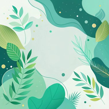 Modern minimalist tarzda altın parıltılı ve organik botanik şekilli limon, yeşim taşı, deniz mavisi ve zümrüt yeşillikleri içeren zarif ve soyut bir çerçeve..