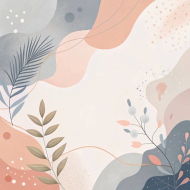 Şeftali, mercan, leylak rengi ve altın parıltılı ve organik botanik elementlerin yer aldığı gri renklerle sıcacık çiçek soyutu..