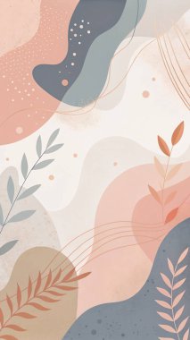 Şeftali, mercan, leylak rengi ve altın parıltılı ve organik botanik elementlerin yer aldığı gri renklerle sıcacık çiçek soyutu..