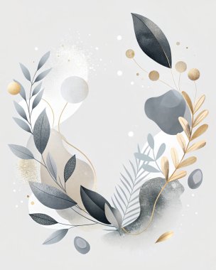 İnci, gümüş, grafit ve metalik ışıltılı ve organik botanik şekilli simsiyah tonlardan oluşan zarif monokrom soyut..