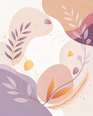 Krem, terakotta, morumsu, eflatun ve pembe renklerle zenginleştirilmiş sanatsal soyut kompozisyon, altın parıltısı ve organik botanik akışı..