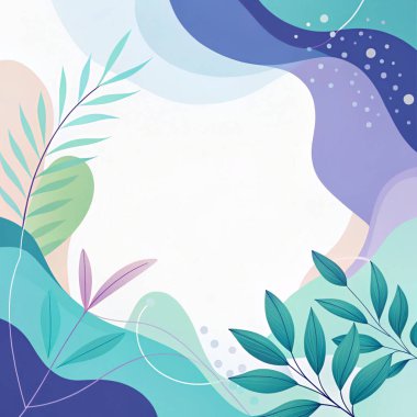 Deniz mavisi, mor, fildişi ve organik çiçek ve yaprak şekilli gül tonlarıyla zarif bir soyut kompozisyon..