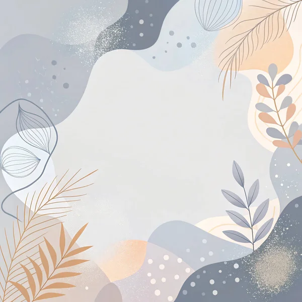 Tozlu mavi-gri, soluk krem, leylak ve organik yapraklar ve çiçek elementleriyle toprak renginde zarif, minimal bir çerçeve..