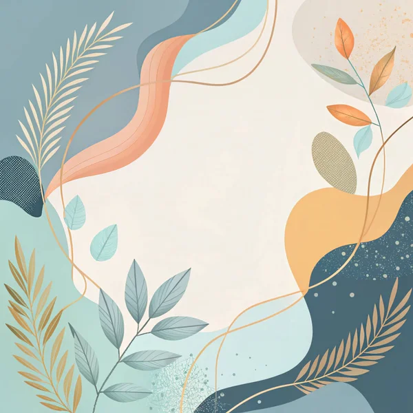 Sanatsal soyut arkaplan harmanlama slate mavi, turkuaz, mercan ve terracotta renkleri ile akan organik botanik formlar.