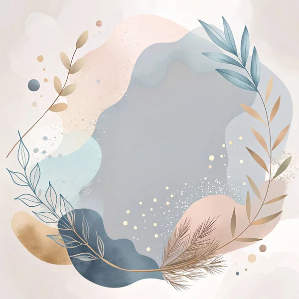 Zarif pastel çerçeve tozlu gül, krema, taupe ve toz mavisi renkleri az çiçekli ve organik yaprak elementleriyle harmanlıyor..