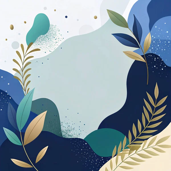 Donanma, kraliyet mavisi, yosun ve nane renklerini gümüş parıltılı ve organik botanik elementlerle harmanlayan minimalist soyut kompozisyon.