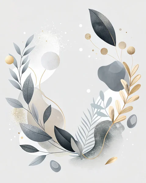 İnci, gümüş, grafit ve metalik ışıltılı ve organik botanik şekilli simsiyah tonlardan oluşan zarif monokrom soyut..