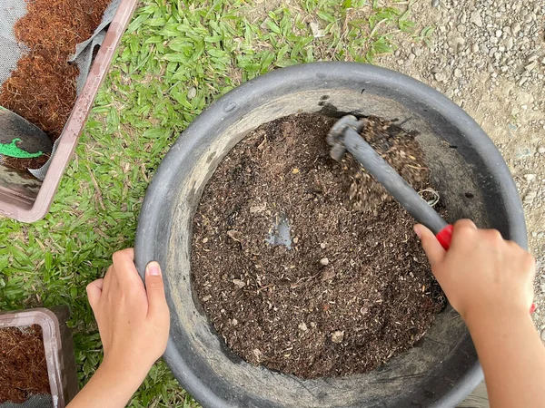 Toprağı bitki kabına karıştıran eller, bahçe etkinliği ve ev ekimi hazırlık konsepti