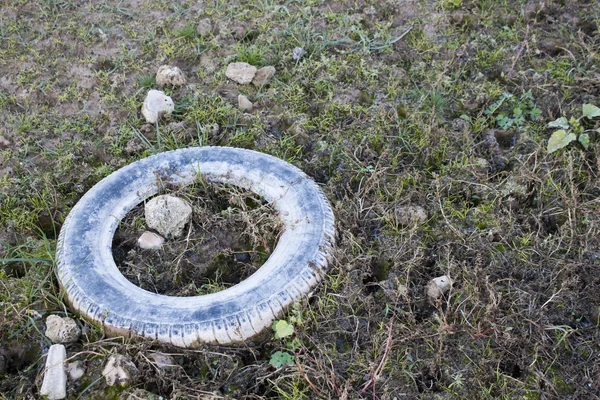 tire throw away in a field