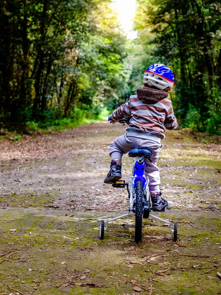 çocuk ormanda bir bisiklet sürme