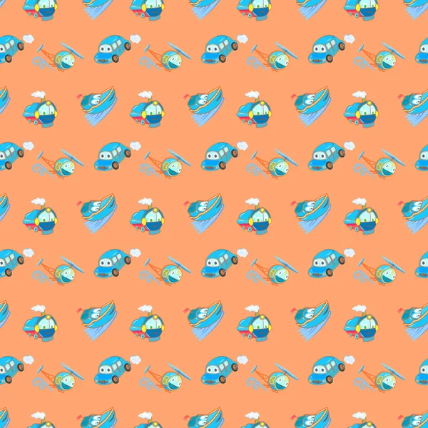 Car, helicopter, yacht, train in cartoon style for kids seamless pattern. Vehicles