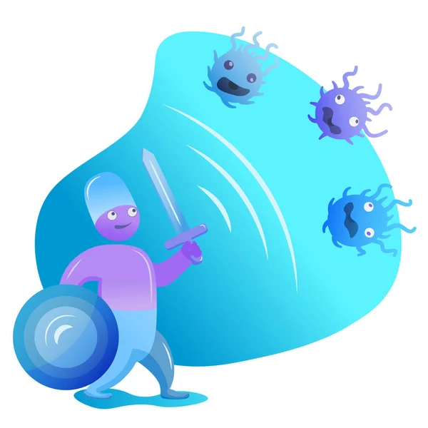 Lindo feliz divertido protector píldora fuerte con espada y escudo de lucha con bacterias virus de microorganismos. Vector plano de dibujos animados personaje ilustración. — Vector de stock