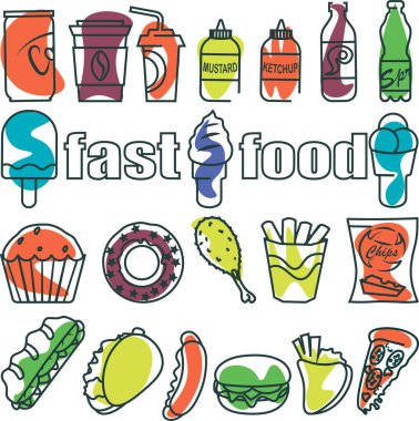 Fast food, dondurma ve içeceklerin çizimleri. Basit renkler soyut şekiller. Vektör düz simgeleri