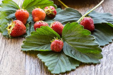 Tahta bir masada taze olgun çilekler.