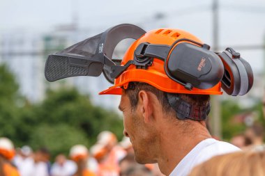 Kiev. Ukrayna. 22 Haziran 2019. Elektrikli testere. Stihl, Alman elektrikli testere ve diğer el teçhizatı üreticisi.
