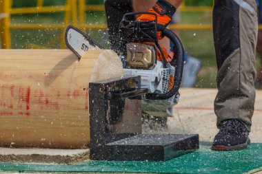 Kiev. Ukrayna. 22 Haziran 2019. Elektrikli testere. Stihl, Alman elektrikli testere ve diğer el teçhizatı üreticisi.