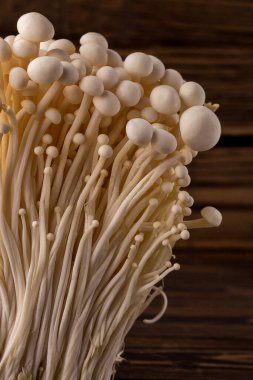 Taze Enoki mantarları seçilmiş odaklı olarak siyah zemin üzerinde bulunur. Enoki, ayrıca kadife şiş olarak da bilinir, Physalacriaceae familyasından yenilebilir bir mantar türüdür.. 