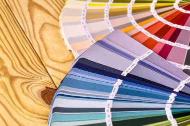 Ahşap masaüstünde renk paleti rehberi ve fırçalar