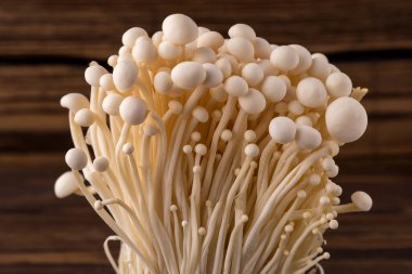 Taze Enoki mantarları seçilmiş odaklı olarak siyah zemin üzerinde bulunur. Enoki, ayrıca kadife şiş olarak da bilinir, Physalacriaceae familyasından yenilebilir bir mantar türüdür.. 