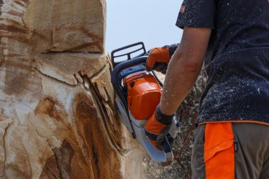 Kiev. Ukrayna. 22 Haziran 2019. Elektrikli testere. Stihl, Alman elektrikli testere ve diğer el teçhizatı üreticisi.