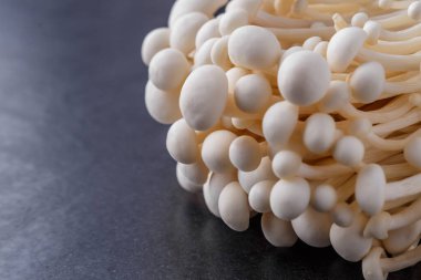 Taze Enoki mantarları seçilmiş odaklı olarak siyah zemin üzerinde bulunur. Enoki, ayrıca kadife şiş olarak da bilinir, Physalacriaceae familyasından yenilebilir bir mantar türüdür.. 