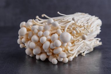 Taze Enoki mantarları seçilmiş odaklı olarak siyah zemin üzerinde bulunur. Enoki, ayrıca kadife şiş olarak da bilinir, Physalacriaceae familyasından yenilebilir bir mantar türüdür.. 