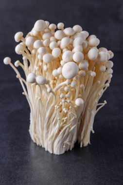 Taze Enoki mantarları seçilmiş odaklı olarak siyah zemin üzerinde bulunur. Enoki, ayrıca kadife şiş olarak da bilinir, Physalacriaceae familyasından yenilebilir bir mantar türüdür.. 