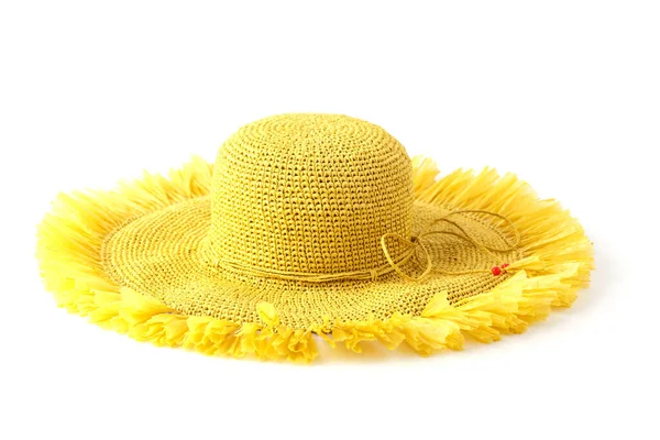 美しいわらの帽子 リボンとビーチの帽子の上に弓で美しい 白い背景 ファッション服のアクセサリーやビーチの休日の概念 — ストック写真