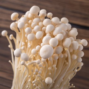 Fresh Enoki mantarları ve seçilmiş odak noktası. Enoki, Physalacriaceae familyasından yenebilir bir mantar türüdür.. 