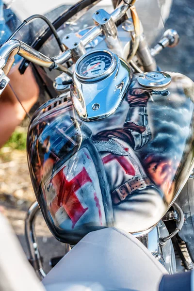 Motorcycle engine closeup. chrome engine parts. Shiny smooth details.