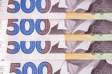 500 Hryvnia, Ukrayna banknotu. Parça. Portre Grigory Skovoroda, filozof, şair ve öğretmen. Yakın plan. Ukrayna banknotu. Ukrayna 'nın kağıt parası