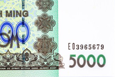 5000 Özbek banknotu. Ters tarafta Taşkent 'teki parlamento binası, ters tarafta ise Özbekistan Cumhuriyeti' nin ulusal amblemi yer alıyor..