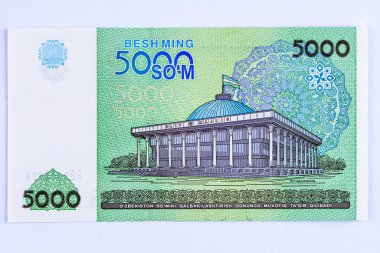 5000 Özbek banknotu. Ters tarafta Taşkent 'teki parlamento binası, ters tarafta ise Özbekistan Cumhuriyeti' nin ulusal amblemi yer alıyor..