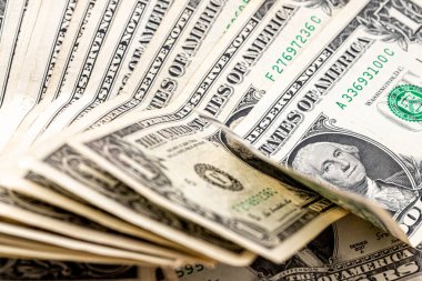 Bir dolarlık Amerikan banknotları. Paraları kapatın. Zenginlik konsepti, serbest ticaret, iş kavramı