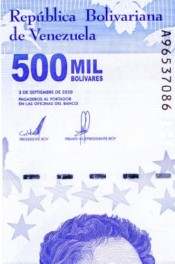 Yüksek çözünürlüklü bir makro çekim, Eylül 2020 'de yayınlanan Venezuela Bolvares Soberanos banknotunun bir bölümünü gösteriyor..