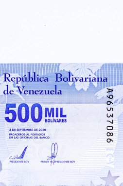 Yüksek çözünürlüklü bir makro çekim, Eylül 2020 'de yayınlanan Venezuela Bolvares Soberanos banknotunun bir bölümünü gösteriyor..