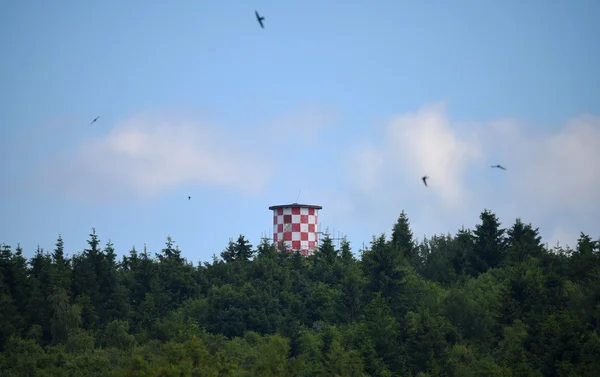 Krusne hory bergen met toren — Stockfoto