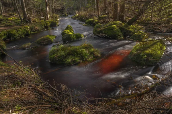 Creek Jezerni Manhã Cor Outono Com Água Vermelha Pedras Bonitas — Fotografia de Stock