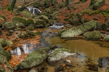 Maly Billy Stolpich Şelalesi sonbahar sabahında Jizerske dağlarında taze soğuk bir sabah
