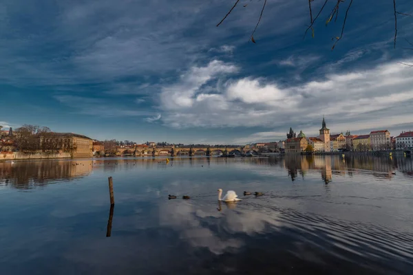 Praga Ilha Rio Vltava Perto Velhas Pontes Torres Outono Manhã — Fotografia de Stock