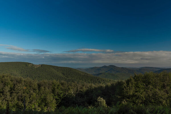 View from ridge of Poloniny national park in summer sunny morning with sunrise