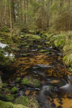 Ulusal Park 'taki Konsky deresi. Sumava' da şelale ve şelale var. Kışın güneşli, soğuk bir günde.